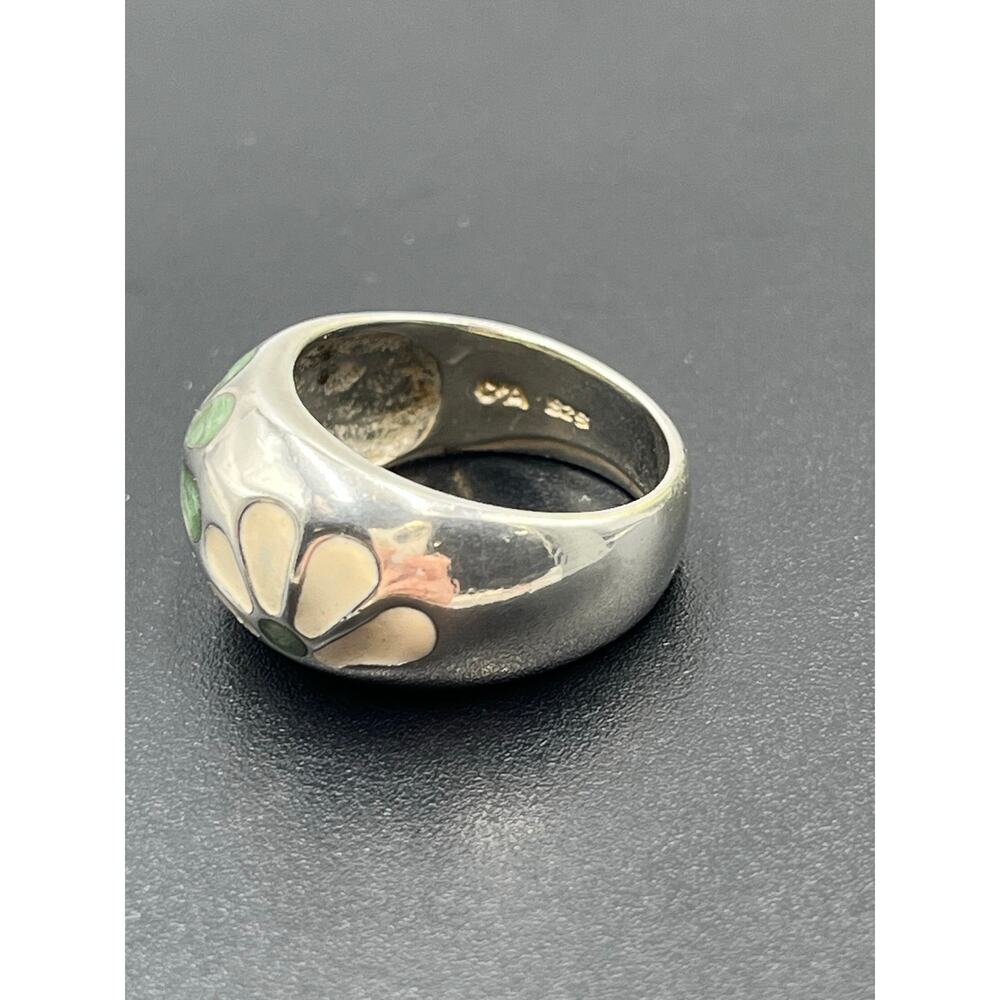 Chateau D'Argent C^A Sterling Green Cream Enamel Petal Flower Dome Ring sz 8.25 - Picture 5 of 10